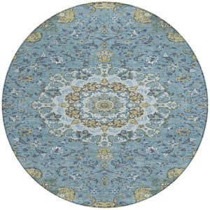 8 Ft Round Floral Medallion Polyester Rug Teal Gold Indoor Outdoor Washable
