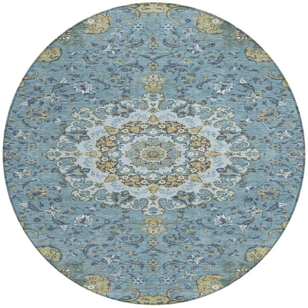 8 Ft Round Floral Medallion Polyester Rug Teal Gold Indoor Outdoor Washable