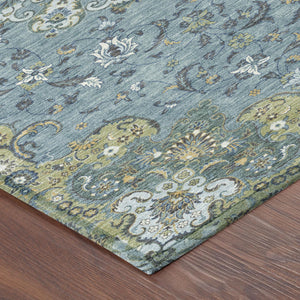 8 Ft Round Floral Medallion Polyester Rug Teal Gold Indoor Outdoor Washable