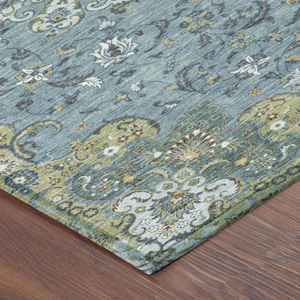 8 Ft Round Floral Medallion Polyester Rug Teal Gold Indoor Outdoor Washable