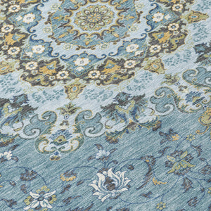 8 Ft Round Floral Medallion Polyester Rug Teal Gold Indoor Outdoor Washable