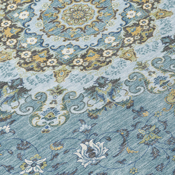 8 Ft Round Floral Medallion Polyester Rug Teal Gold Indoor Outdoor Washable