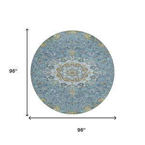 8 Ft Round Floral Medallion Polyester Rug Teal Gold Indoor Outdoor Washable