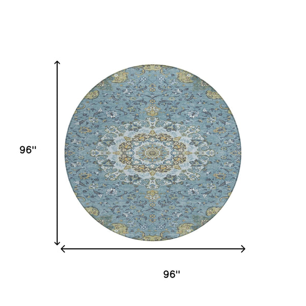 8 Ft Round Floral Medallion Polyester Rug Teal Gold Indoor Outdoor Washable