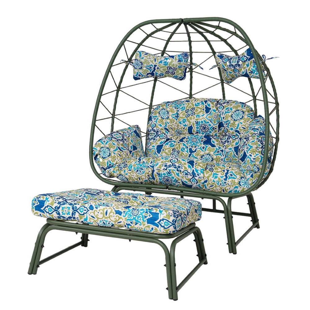 English Elm Double Wicker Egg Chair with Ottoman Bohemian Rattan Outdoor Lounge for Patio T5880P501486
