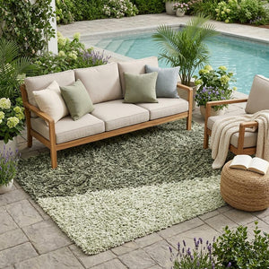 Sage Green Striped Washable Polyester Area Rug for Indoor Outdoor Patio and Living Room Use