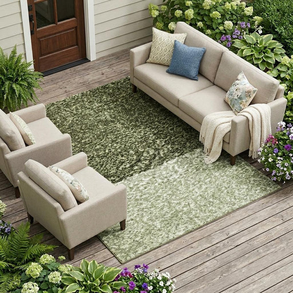 Sage Green Striped Washable Polyester Area Rug for Indoor Outdoor Patio and Living Room Use