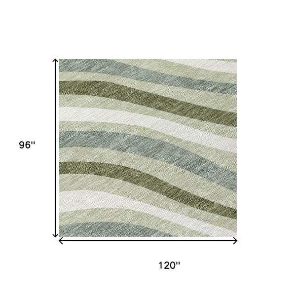 Sage Green Striped Washable Polyester Area Rug for Indoor Outdoor Patio and Living Room Use