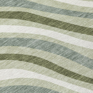 Sage Green Striped Washable Polyester Area Rug for Indoor Outdoor Patio and Living Room Use