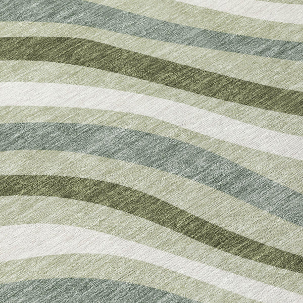 Sage Green Striped Washable Polyester Area Rug for Indoor Outdoor Patio and Living Room Use