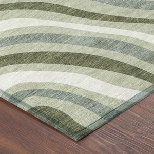 Sage Green Striped Washable Polyester Area Rug for Indoor Outdoor Patio and Living Room Use