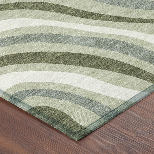 Sage Green Striped Washable Polyester Area Rug for Indoor Outdoor Patio and Living Room Use