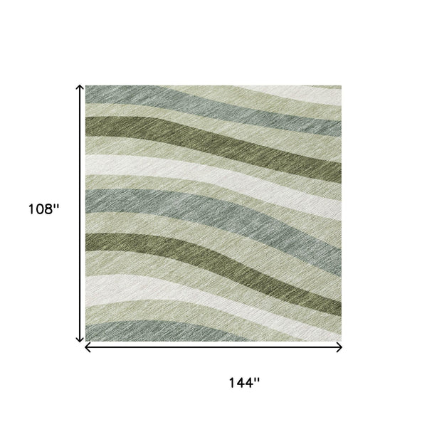 Sage Green Striped Washable Polyester Area Rug for Indoor Outdoor Patio and Living Room Use