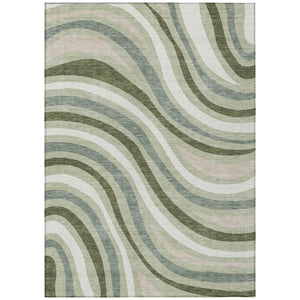 Sage Green Striped Washable Polyester Area Rug for Indoor Outdoor Patio and Living Room Use