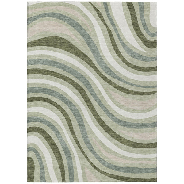 Sage Green Striped Washable Polyester Area Rug for Indoor Outdoor Patio and Living Room Use
