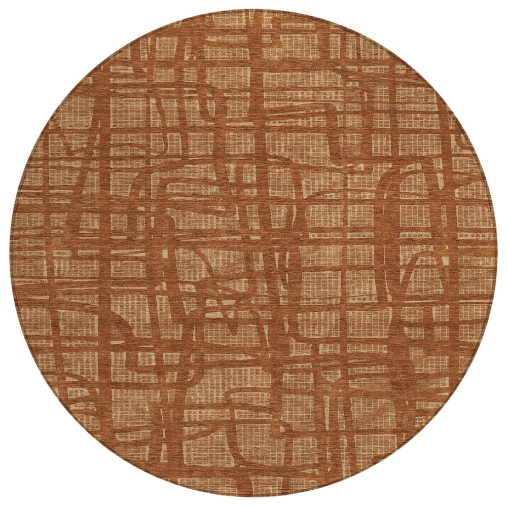 HomeRoots 8 Foot Round Abstract Geometric Rug in Orange Copper Washable Indoor Outdoor 727251