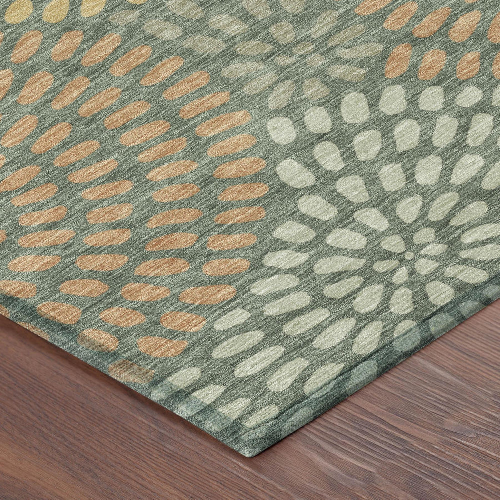 8 Ft Round Geometric Polyester Area Rug in Bold Green Copper for Patios and Foyers