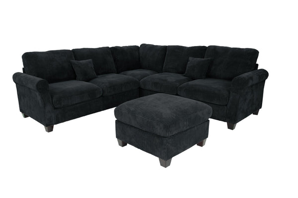 English Elm 4pc Corduroy Sectional Sofa Set with Ottoman Corner Wedge and Low-profile Modern Legs Black B011S02225