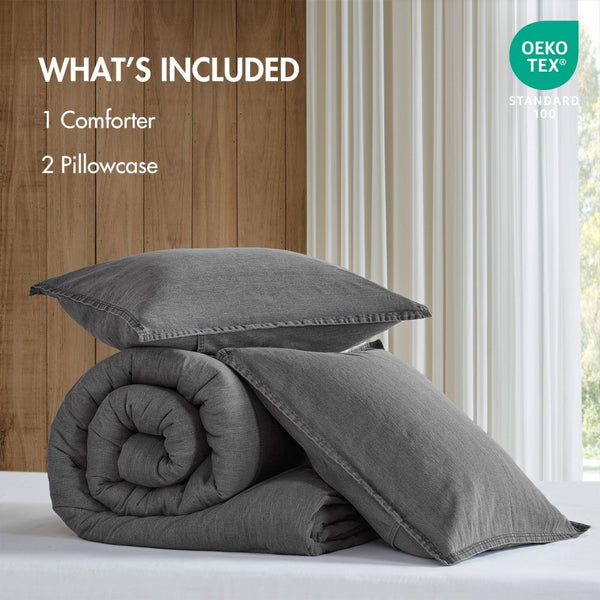 English Elm 2pcs Stone-washed Cotton Twill Comforter Set Oversized Soft Farmhouse Bedding Grey B035P341108