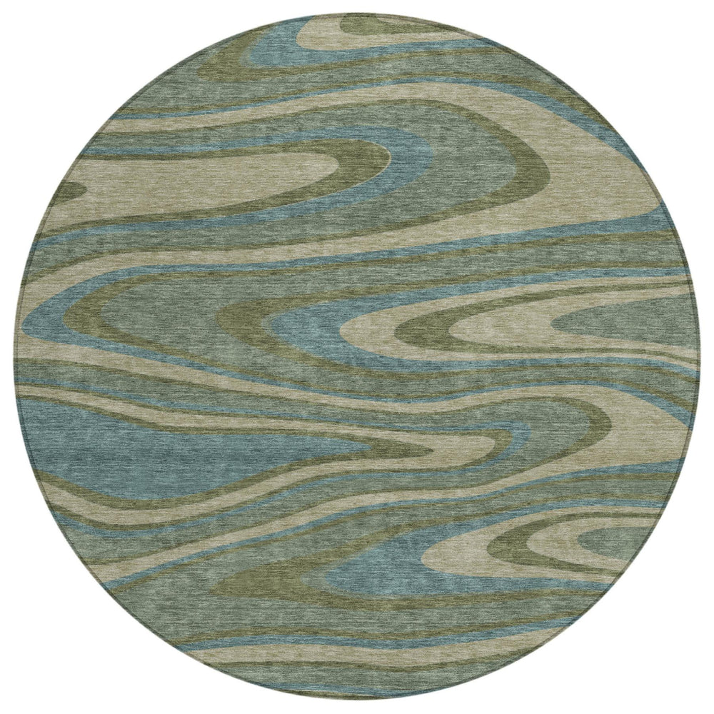 HomeRoots 8 Foot Round Abstract Polyester Area Rug Washable Indoor Outdoor Patio Green 727305