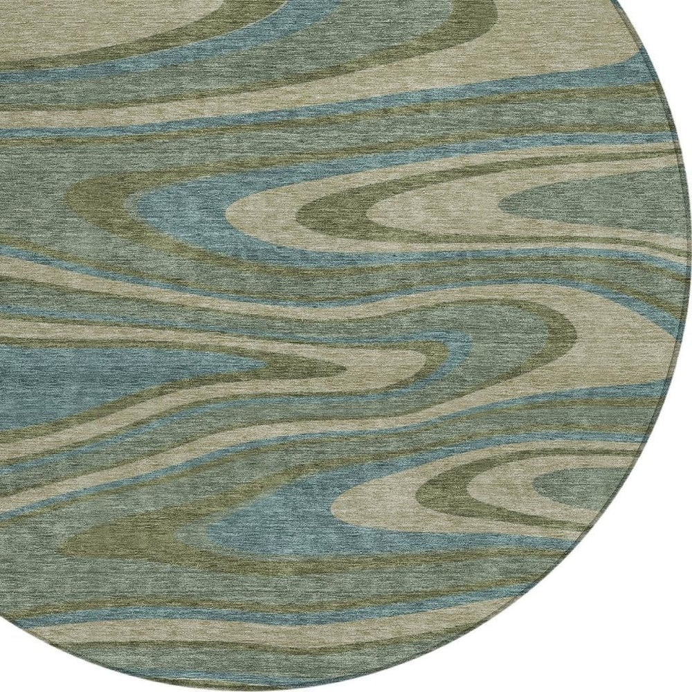 HomeRoots 8 Foot Round Abstract Polyester Area Rug Washable Indoor Outdoor Patio Green 727305