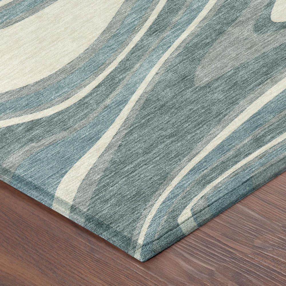 HomeRoots 10x14 Teal Ivory Abstract Polyester Washable Rug for Patio and High Traffic Rooms 727332