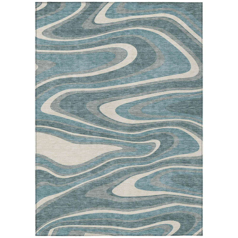 HomeRoots 10x14 Teal Ivory Abstract Polyester Washable Rug for Patio and High Traffic Rooms 727332