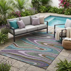 5x8 Abstract Indoor Outdoor Washable Polyester Area Rug in Bold Plum Tones