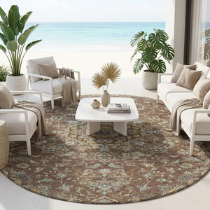 8 Foot Round Medallion Floral Polyester Washable Indoor Outdoor Rug for Patio