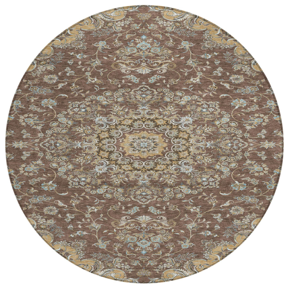 HomeRoots 8 Foot Round Medallion Floral Polyester Washable Indoor Outdoor Rug for Patio 727377