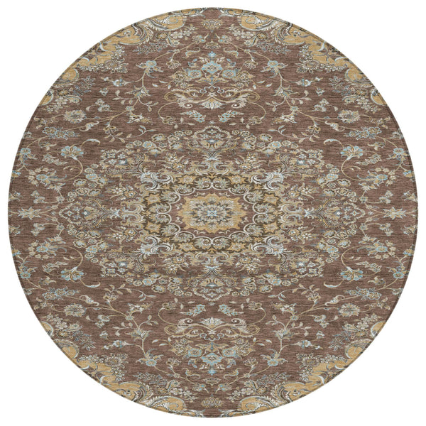 HomeRoots 8 Foot Round Medallion Floral Polyester Washable Indoor Outdoor Rug for Patio 727377