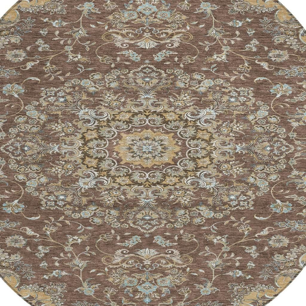 HomeRoots 8 Foot Round Medallion Floral Polyester Washable Indoor Outdoor Rug for Patio 727377