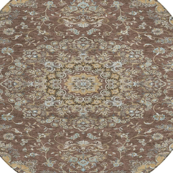 8 Foot Round Medallion Floral Polyester Washable Indoor Outdoor Rug for Patio