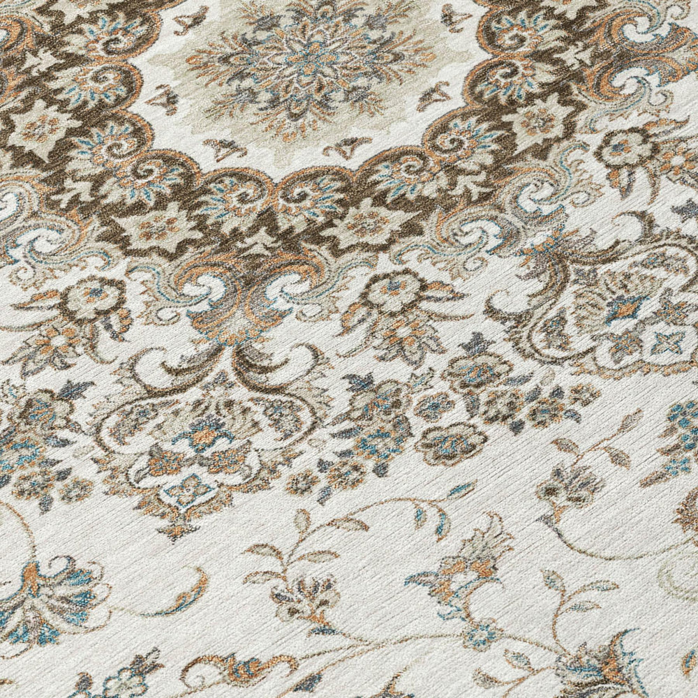 10 Ft Ivory Beige Floral Medallion Polyester Indoor Outdoor Rug Machine Washable