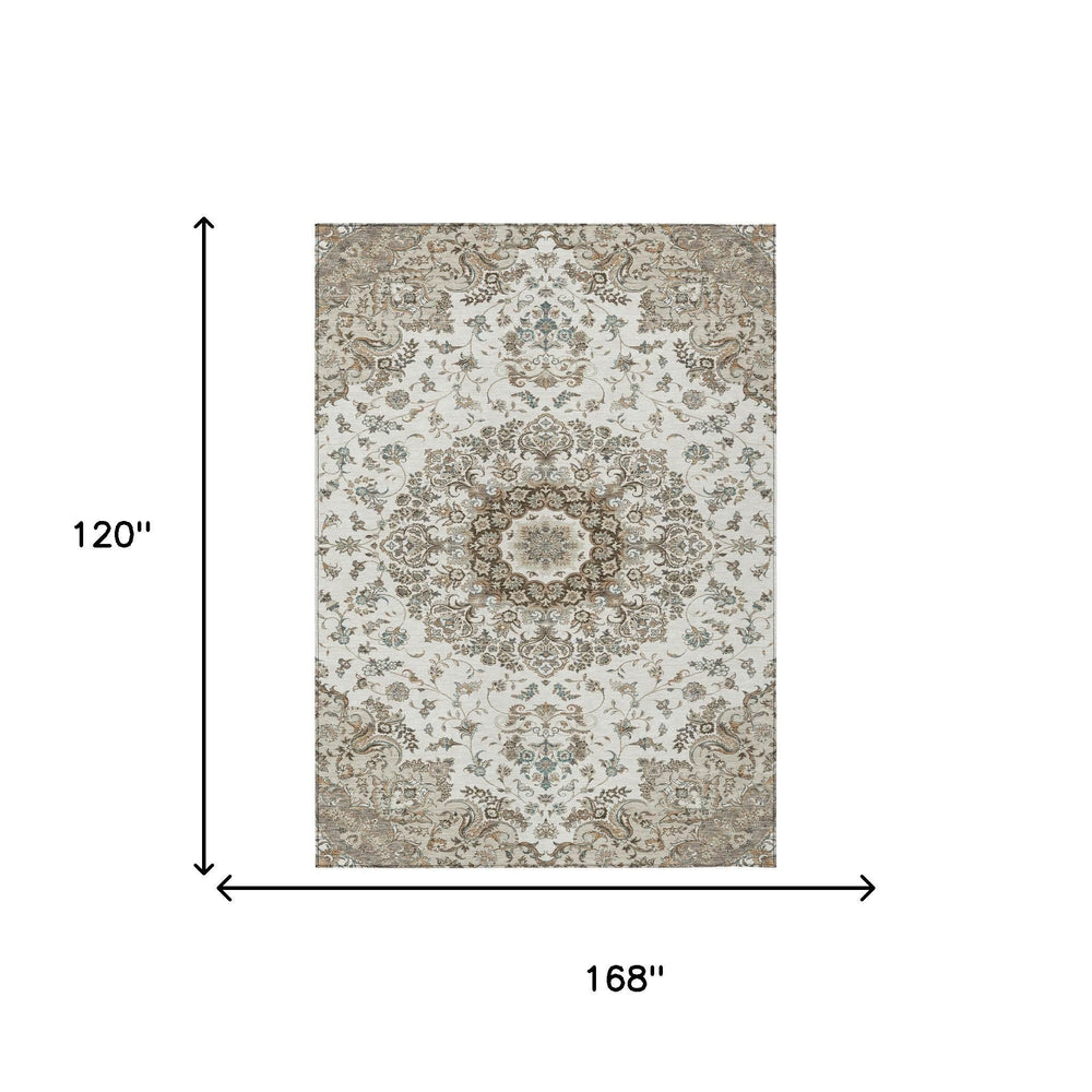 10 Ft Ivory Beige Floral Medallion Polyester Indoor Outdoor Rug Machine Washable