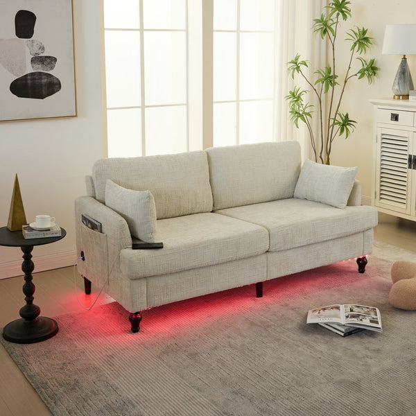English Elm Modern chenille 2-seater sofa with LED lighting, USB charging, storage pocket, sturdy wood legs Beige W395P318540
