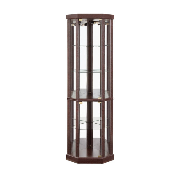 English Elm Corner Lighted Curio Cabinet with Mirrored Back Glass Shelves Classical Living Room Display Cherry W2275P194425