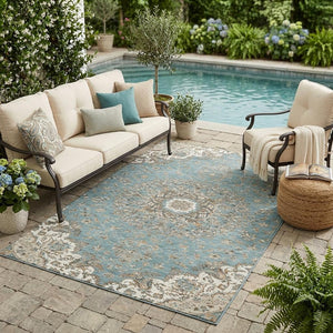 Floral Medallion Washable Polyester Indoor Outdoor Area Rug Teal Sage Uv Resistant Patio