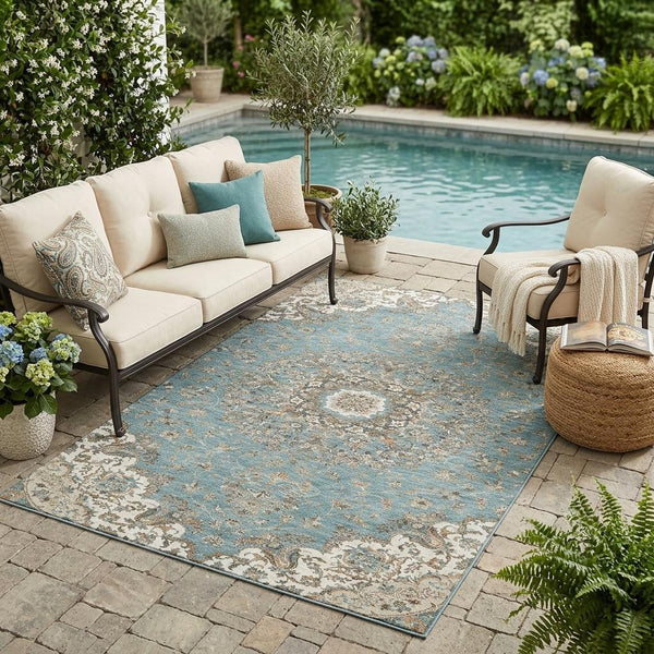 Floral Medallion Washable Polyester Indoor Outdoor Area Rug Teal Sage Uv Resistant Patio