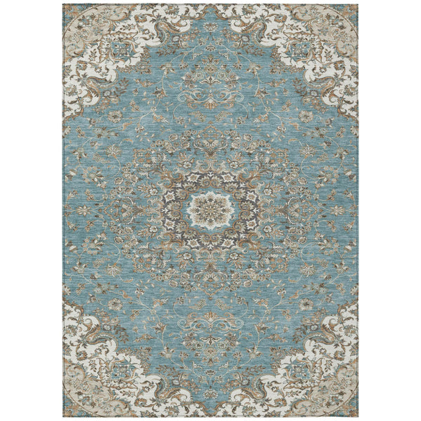 Floral Medallion Washable Polyester Indoor Outdoor Area Rug Teal Sage Uv Resistant Patio