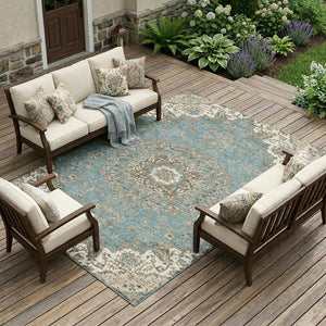 Floral Medallion Washable Polyester Indoor Outdoor Area Rug Teal Sage Uv Resistant Patio