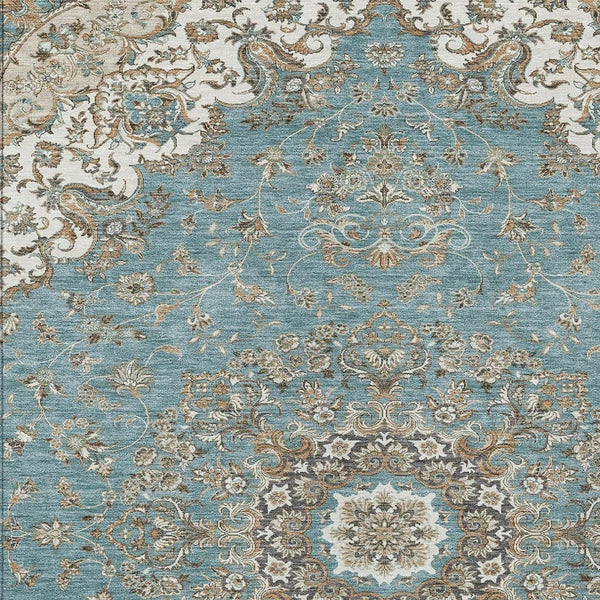 Floral Medallion Washable Polyester Indoor Outdoor Area Rug Teal Sage Uv Resistant Patio
