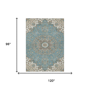 Floral Medallion Washable Polyester Indoor Outdoor Area Rug Teal Sage Uv Resistant Patio