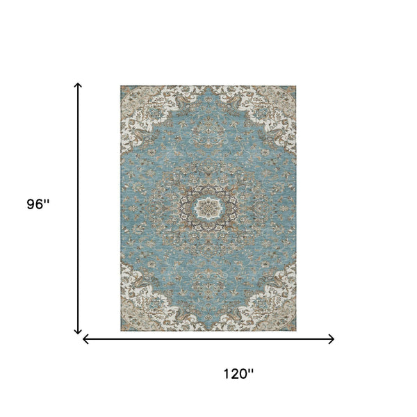 Floral Medallion Washable Polyester Indoor Outdoor Area Rug Teal Sage Uv Resistant Patio