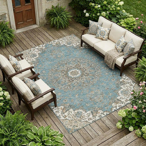 Floral Medallion Washable Polyester Indoor Outdoor Area Rug Teal Sage Uv Resistant Patio