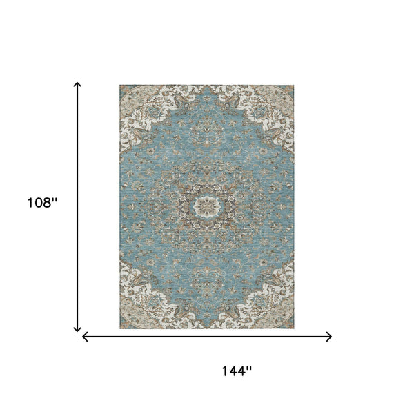 Floral Medallion Washable Polyester Indoor Outdoor Area Rug Teal Sage Uv Resistant Patio