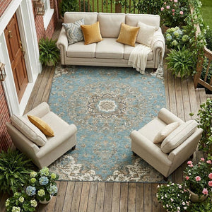 Floral Medallion Washable Polyester Indoor Outdoor Area Rug Teal Sage Uv Resistant Patio