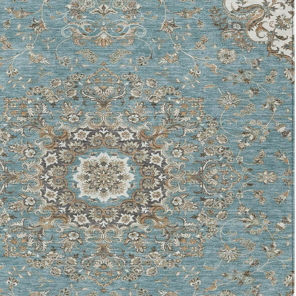 Floral Medallion Washable Polyester Indoor Outdoor Area Rug Teal Sage Uv Resistant Patio