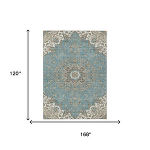 Floral Medallion Washable Polyester Indoor Outdoor Area Rug Teal Sage Uv Resistant Patio