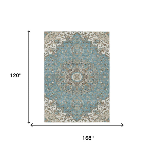 Floral Medallion Washable Polyester Indoor Outdoor Area Rug Teal Sage Uv Resistant Patio